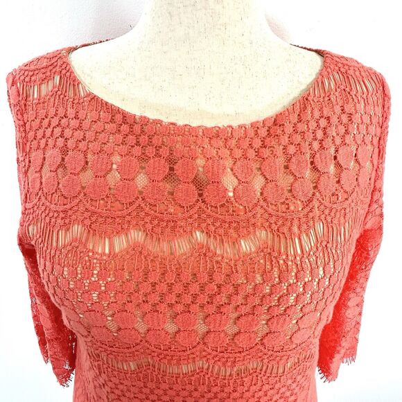 Jessica Howard Dress 16 Coral Midi Shift Lace Preppy Boho 3/4 Sleeve Career Work - Picture 5 of 9